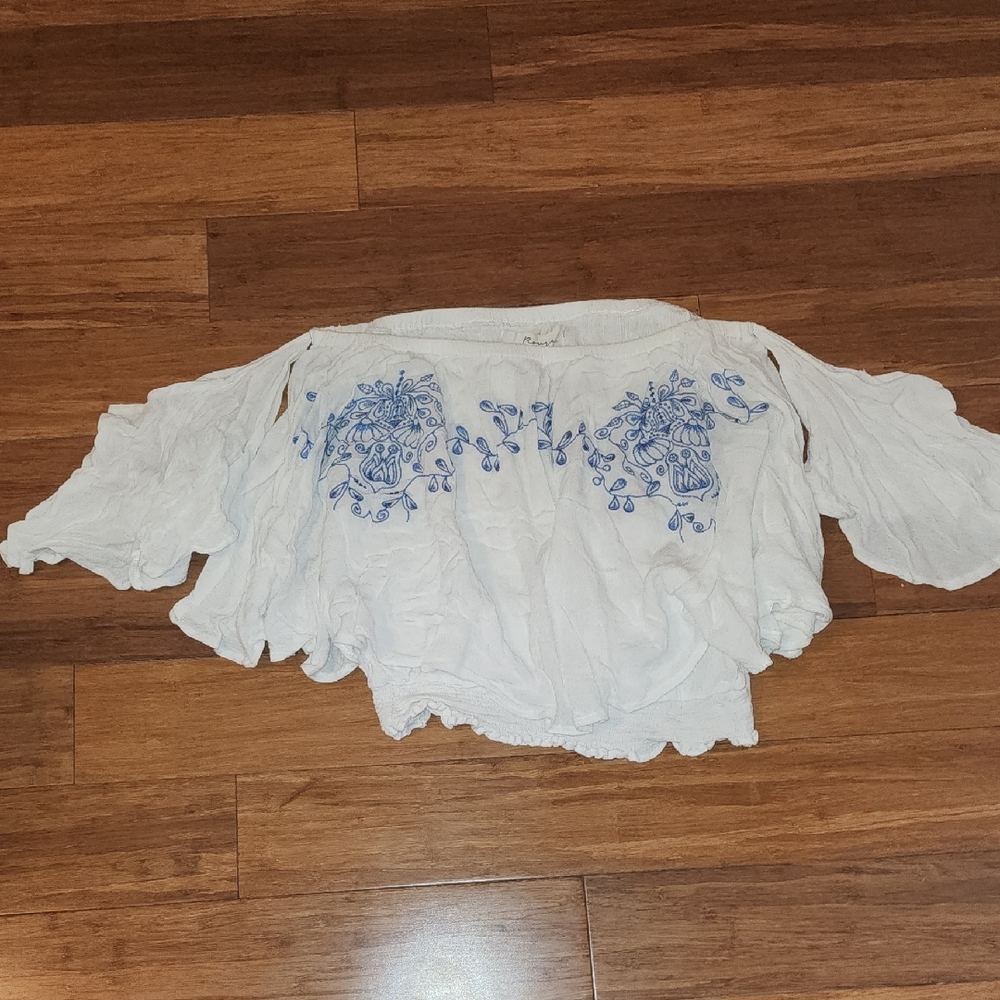 Rouje White Off-Shoulder Top with Blue Embroidery